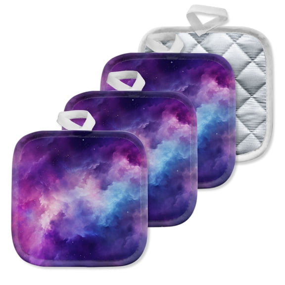 4 Pack Pot Holders,Kitchen Essential, Potholder Set,Nebula In Purple And Blue With Stars