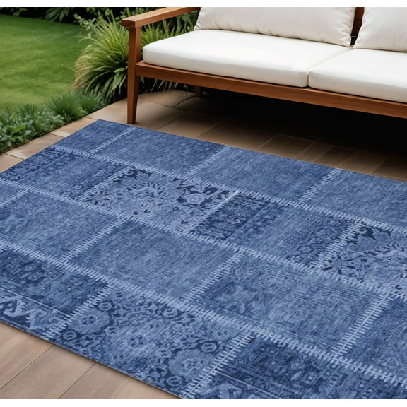 HomeRoots 579390 10 x 14 ft. Patchwork Washable Indoor & Outdoor Rectangle Area Rug, Navy Blue & Denim Blue