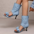 thumbnail image 6 of SACFOF Women's Peep Toe Stiletto Denim Sandals Summer Booties Lace Up Thin Heels Back Zip Tassel Pumps, 6 of 6