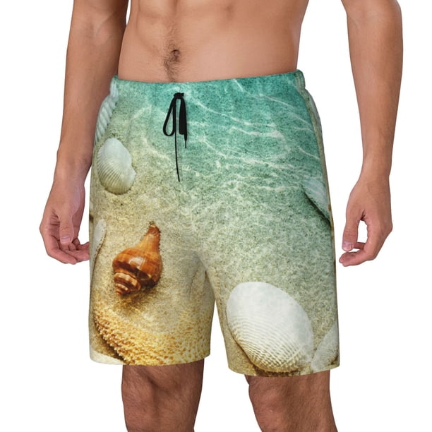 Fotbe Starfish And Seashell On The Beach Traje de Baño para Hombre – Shorts de Natación de Secado Rápido con Forro y Bolsillos-Large