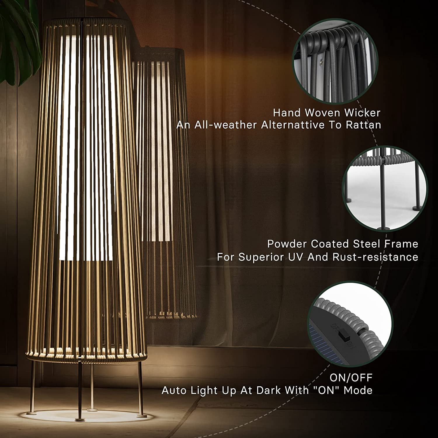Outdoor Floor Solar Light 2-Pack, All-Weather Wicker Solar Patio Lamp, Gray