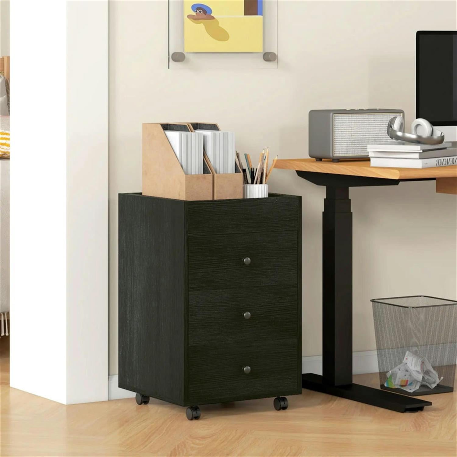Demi Bonn Rolling Filing Cabinet with Castors, Modern 3 Drawer File Cabinet with Top Tray Under for Home Office, Desk Printer Stand, Brown