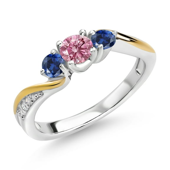 Gem Stone King 925 Silver and 10K Yellow Gold Pink and White Lab Grown Diamond Blue Created Sapphire 3 Stone Engagement Ring for Women (0.56 Cttw, April Birthstone, Size 9)