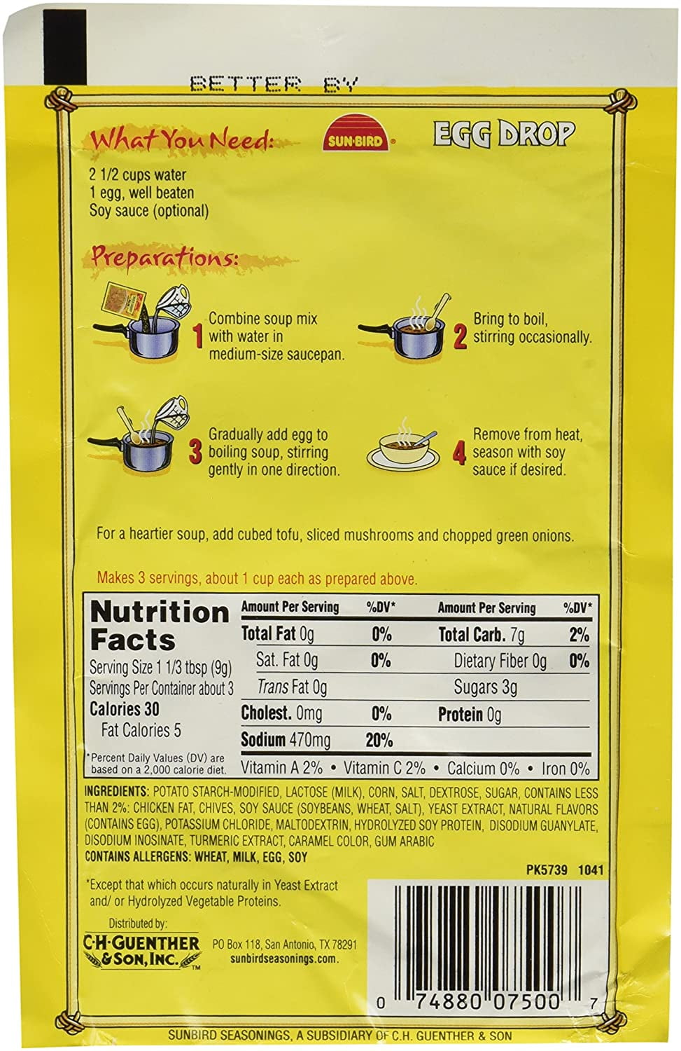 Pack of 24, Sunbird Egg Drop Soup Mix, 1 oz