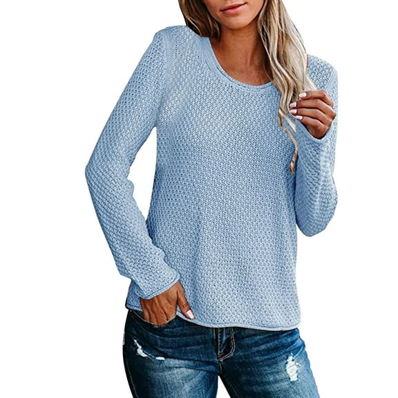 Duoif Sweaters for Women Trendy Ladies Round Neck Long Sleeve Pullover Top Solid Color Fashion Casual Bottoming Shirt Knit Sweater Women's Sweaters Womens Tops A L