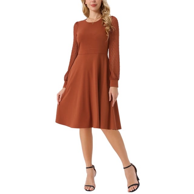 INSPIRE CHIC Vestidos de Manga Larga para Mujeres Cuello Redondo Elegante Cóctel Fiesta Trabajo Longitud de la Rodilla S Caramelo