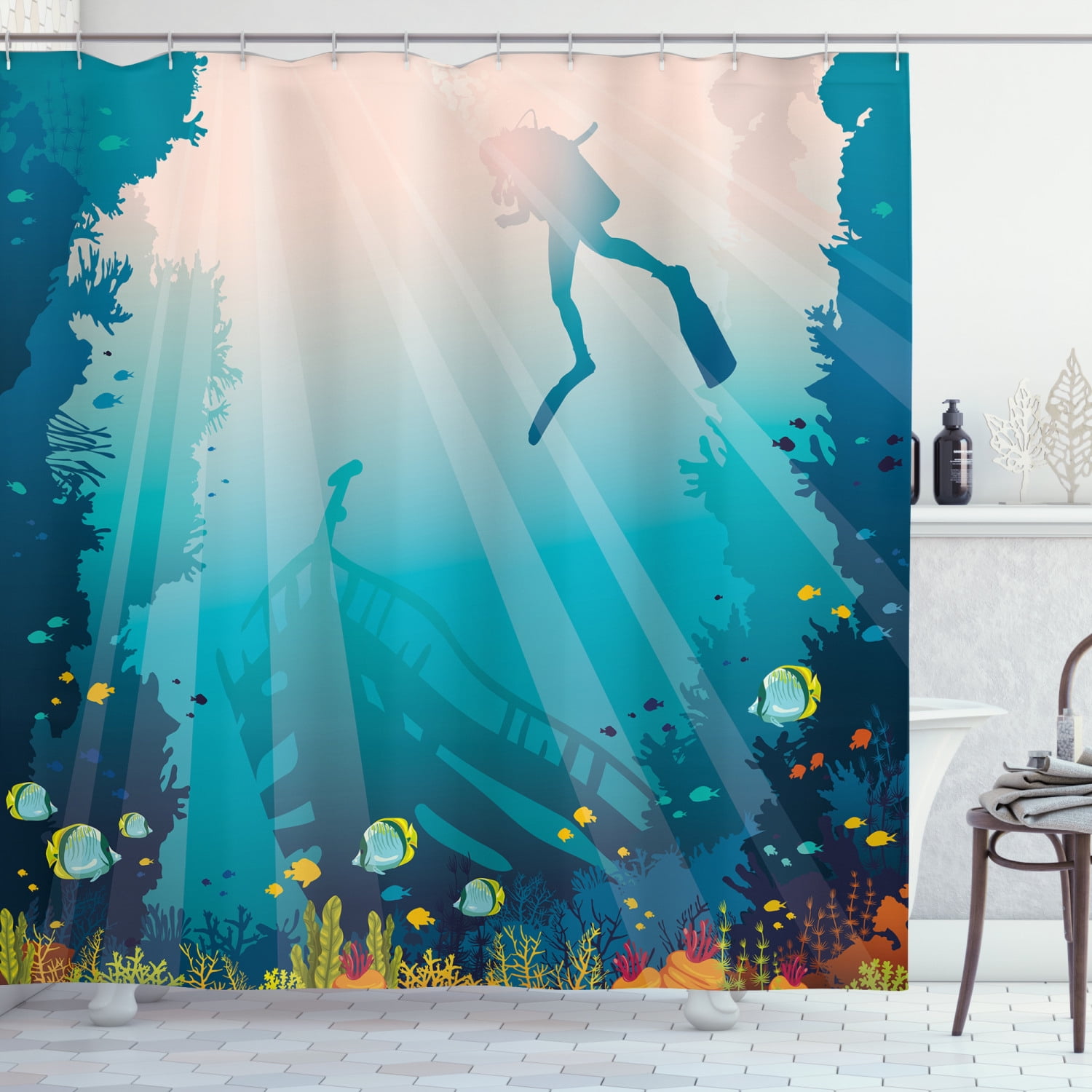 Sea Life Shower Curtain, Silhouette of a Scuba Diver Sunken Ship and