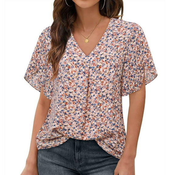 Fesfesfes Womens T Shirts Graphic Women Summer Fashion Casual Short Sleeve V-Neck Floral Printed Blouse V Neck Tshirt Women 8(L)