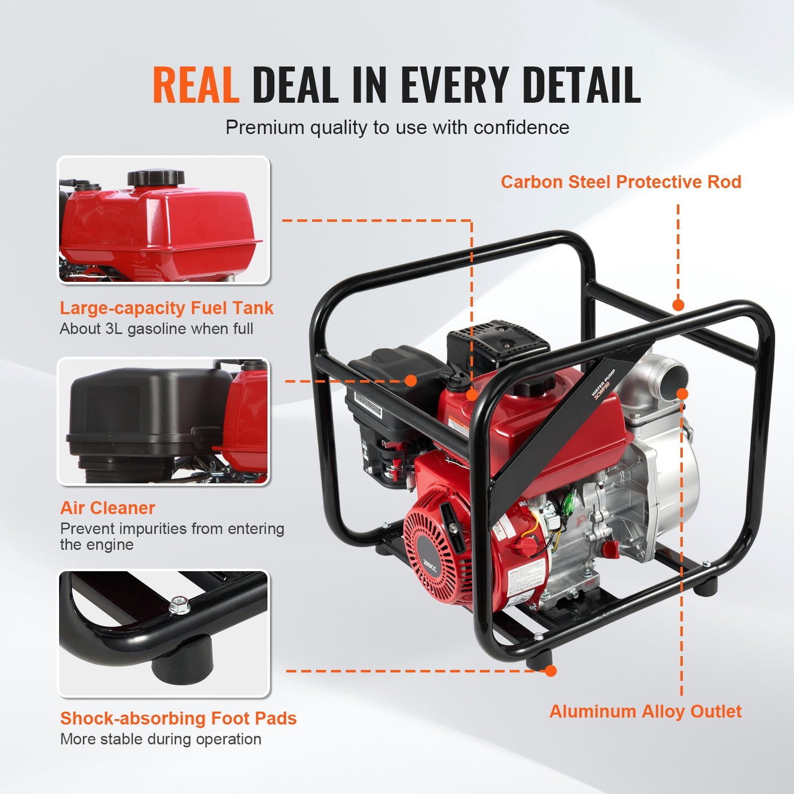 KFFKFF Fuel-Driven Debris Pump, 2 in/50 mm, 7HP 132GPM 4-Stroke Fuel Engine Water Relocation Pump with 25 ft/7.62 m Discharge Hose Max 98 ft Elevation 26ft Intake, Cast Iron Rotor for Watering Pool