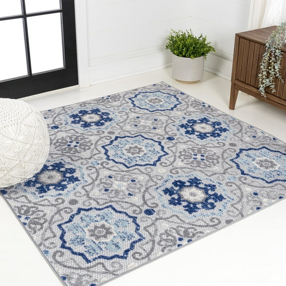 JONATHAN Y AMALFI COAST 5' Square Area Rug, Mediterranean Medallion - Blue/Gray, AMC101A-5SQ