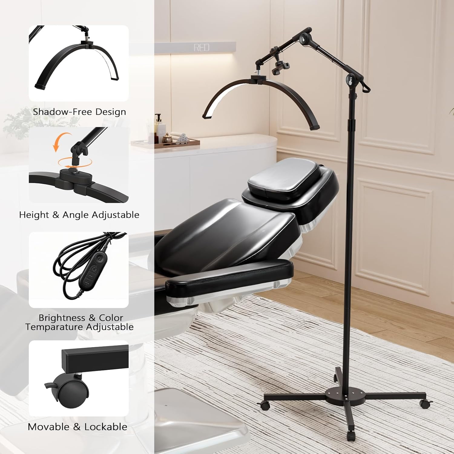 Half Moon Light Lash Lamp, Movable Shadowless LED Floor Lamp w/Adjustable Height & Phone Holder, Dimmable Lighting for Eyelash Extensions, Lash Tech, Nail, Tattoo, Esthetician & Salon (Black)