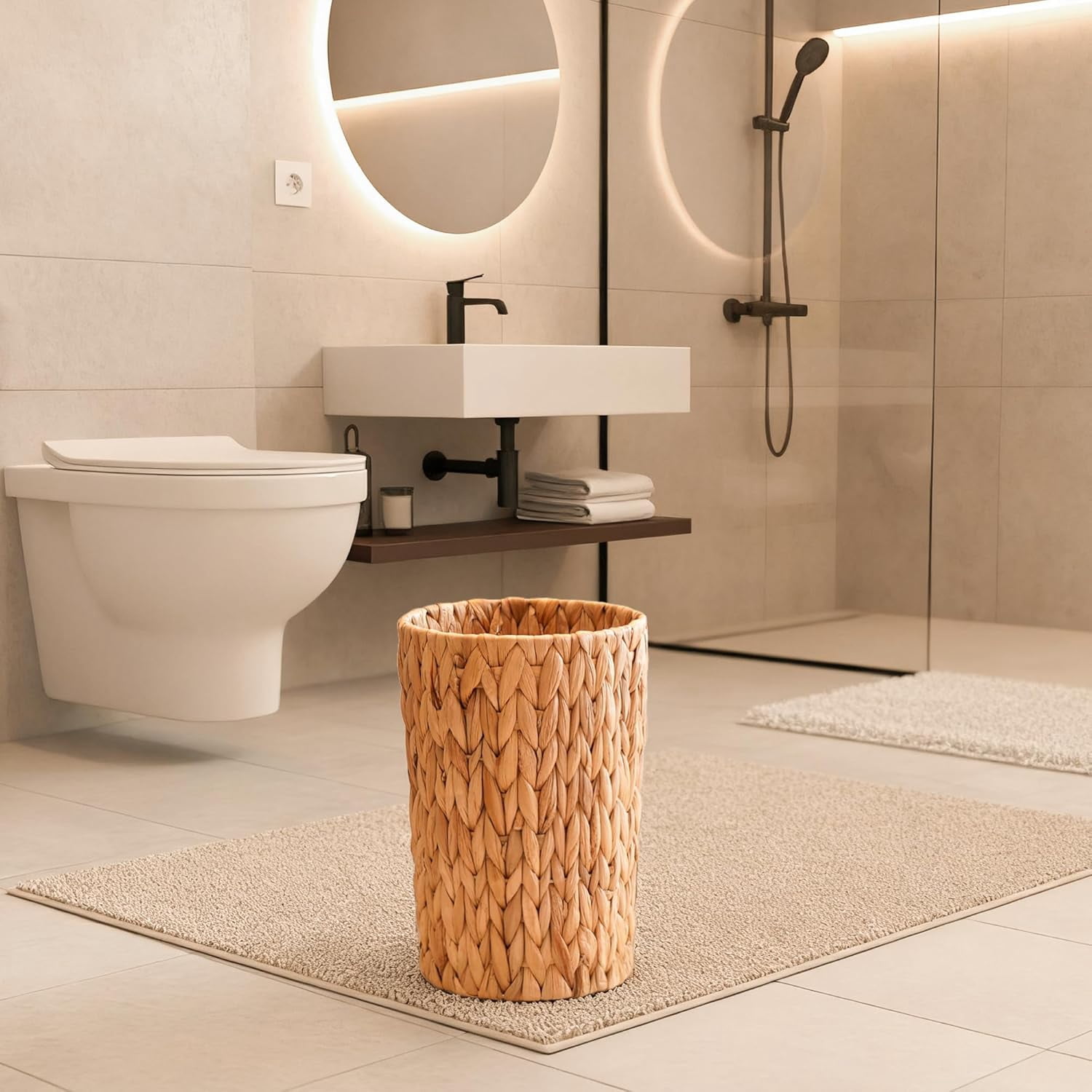 Trash Can, Boho Wicker Waste Basket, Natural Woven Trash Bin, Round Trash Cabinet, Tilt Out Trash Can Cabinet for Bathroom, Office, Bedroom, Water Hyacinth 2 Gallon