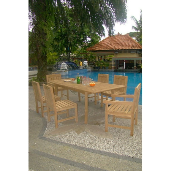 Teak Dining Set:6 Seater 7 Pc - 94" Double Extension Rectangle Table, 4 Armless and 2 Arm / Captain Devon Chairs Outdoor Patio Grade-A Teak Wood WholesaleTeak #WMDSDV2
