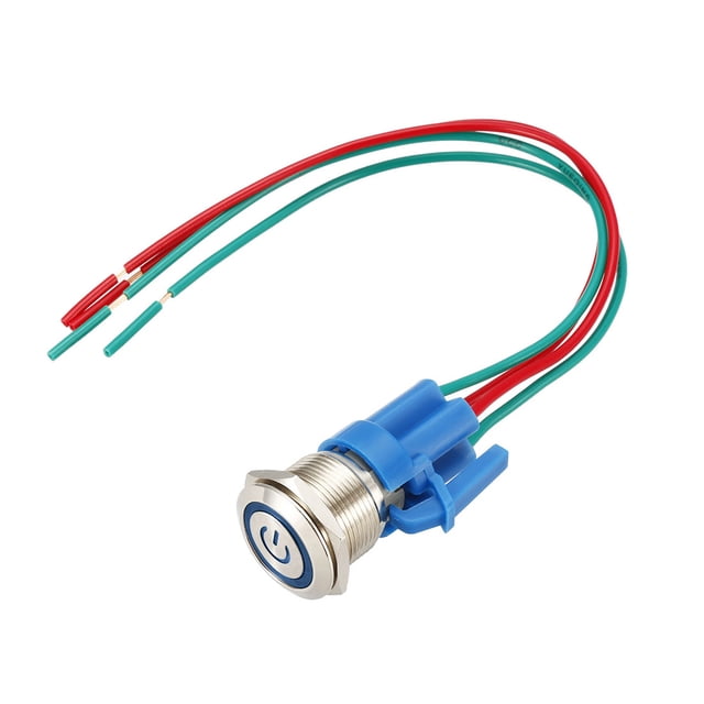 Interruptor de botón metálico de enclavamiento de 19 mm de diámetro de montaje 1NO 12V luz LED azul con cables de enchufe de socket 1 pieza
