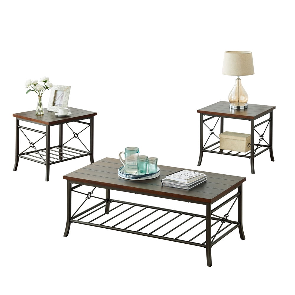 Industrial Style Utility 3 Pieces Coffee Table Set One Cocktail Table and Two End Side Tables