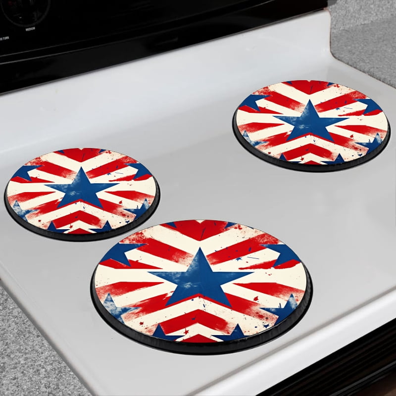 BaHomeck Electric Stove Burner Covers Set of 4,Round Metal Gas Stove Burner Covers 8 Inch and 10 Inch,Kitchen Decor,Red And Blue Stars Forming American Flag Pattern