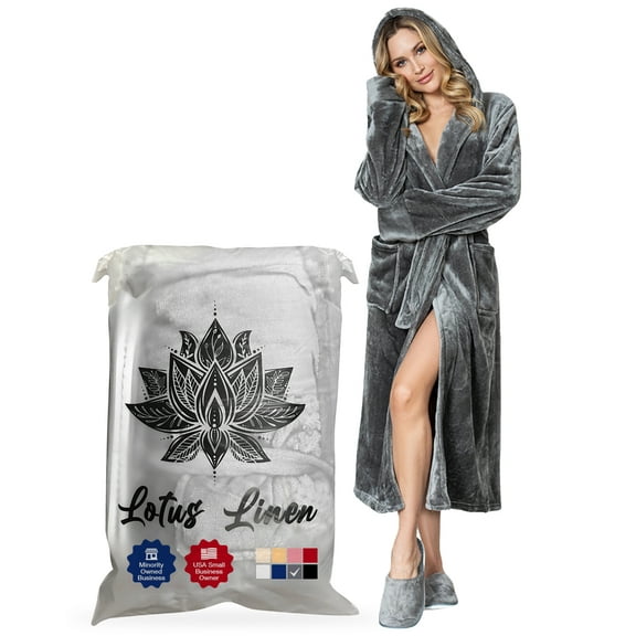 Lotus Linen Women’s Cozy Plush Hooded Robe - Warm Long Fleece Bathrobe, Gray S/M