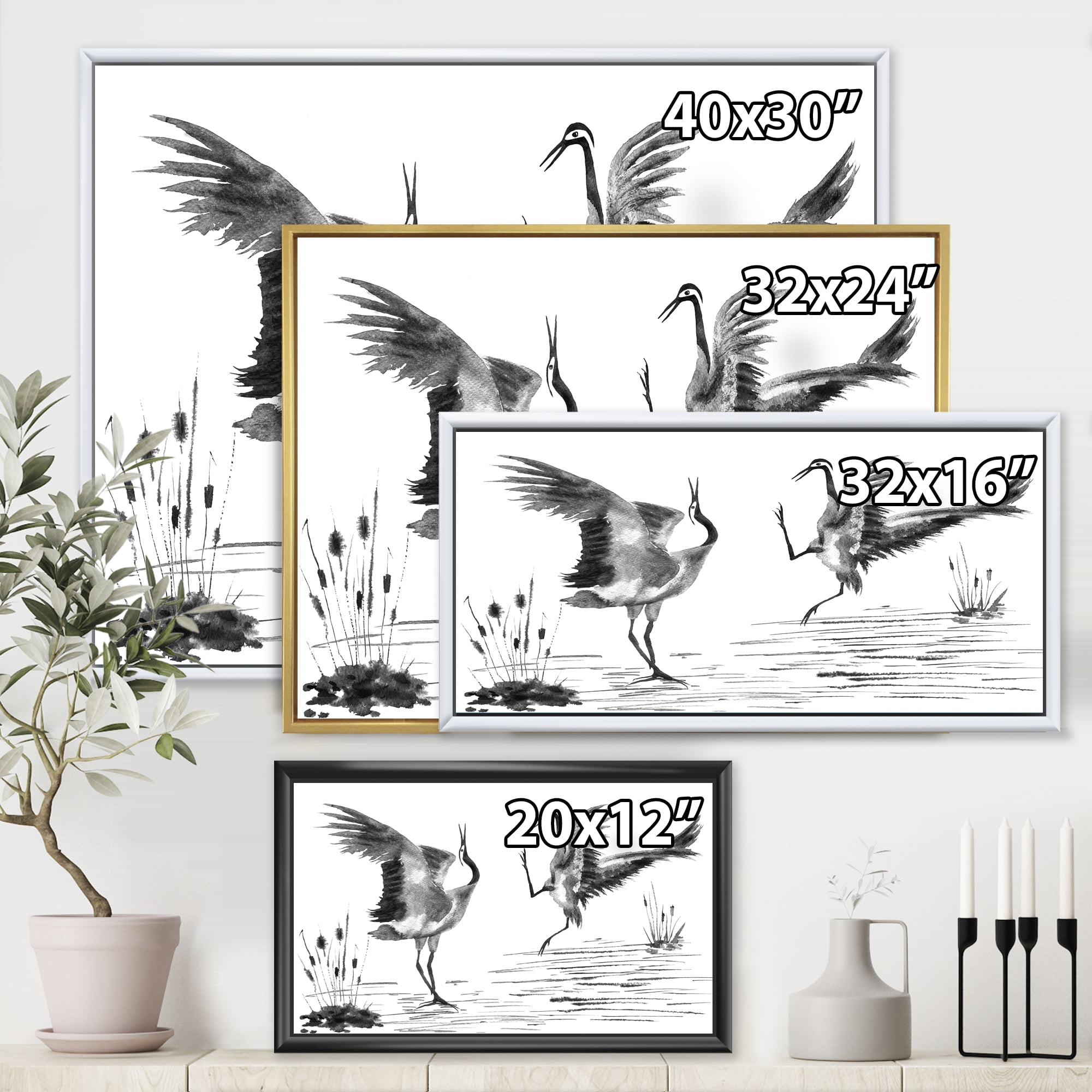 Designart 'Monochrome Two Enamored Japanese Cranes Birds' Traditional Framed Canvas Wall Art Print