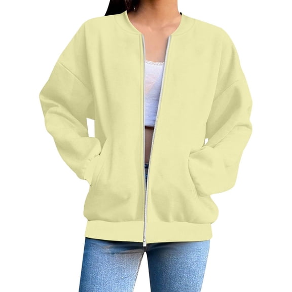 jtjvou Womens Zip Up Long Sleeve Sweatshirt Jacket Casual Loose Coats With Pockets Beige L