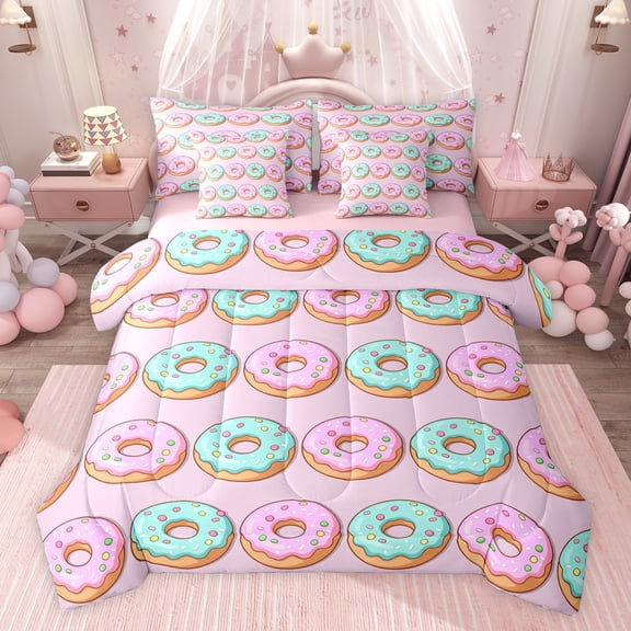 jejeloiu Kawaii Colorful Doughnut 7-Piece Twin Bedding Sets,Sweet Dessert Theme Bedding Comforter Set For Girls Kids Reversible