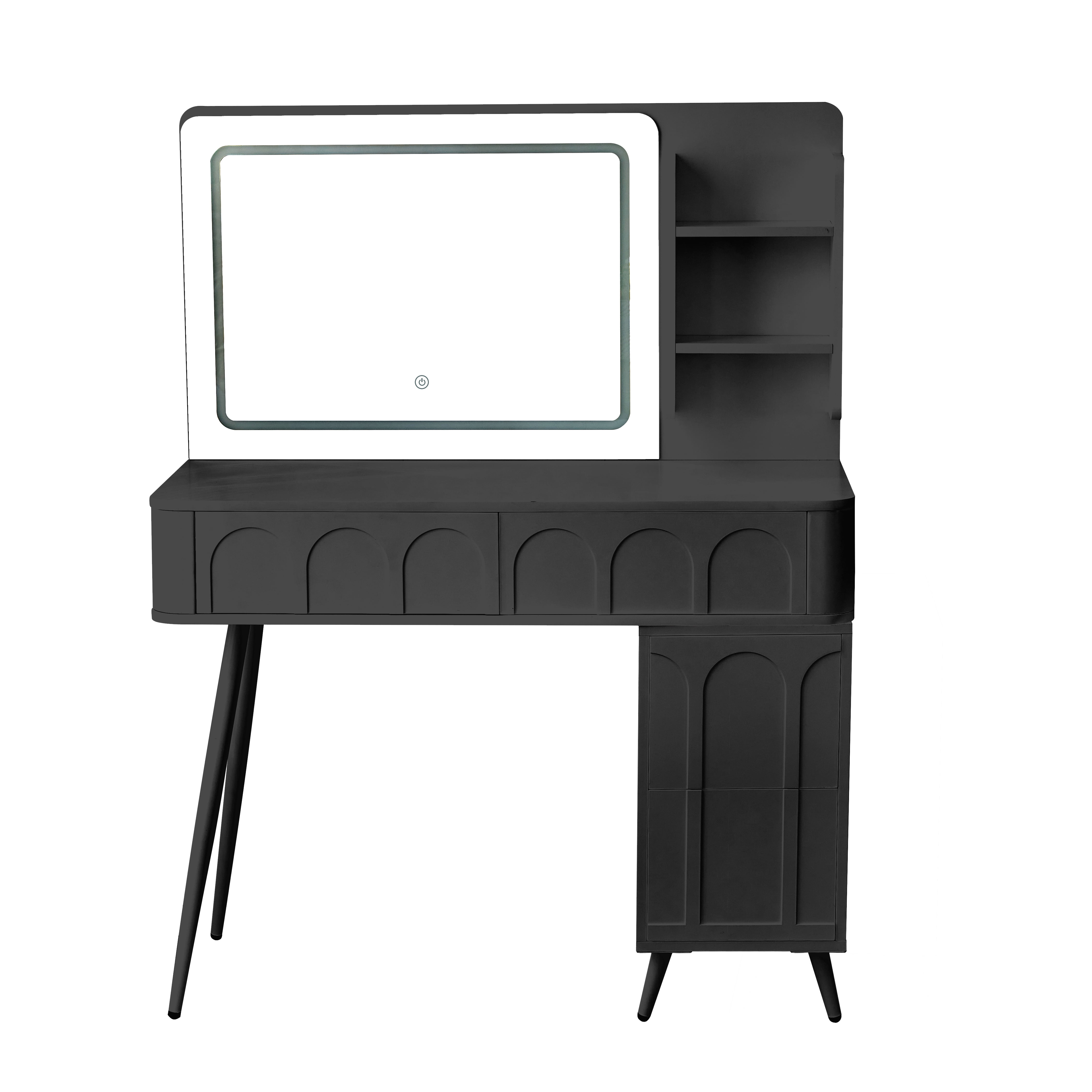 Euroco Modern Makeup Vanity with LED Lighted Mirror & Adjustable Side Cabinet – Fluted Panel Design, Magnetic Drawers, Cushioned Stool