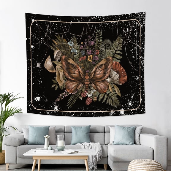 Boho Moth Tapestry for Girls Bedroom Aesthetic, Vintage Mushroom Plant Art Tapestries Wall Hanging for College Dorm Room Decor 60Wx50H