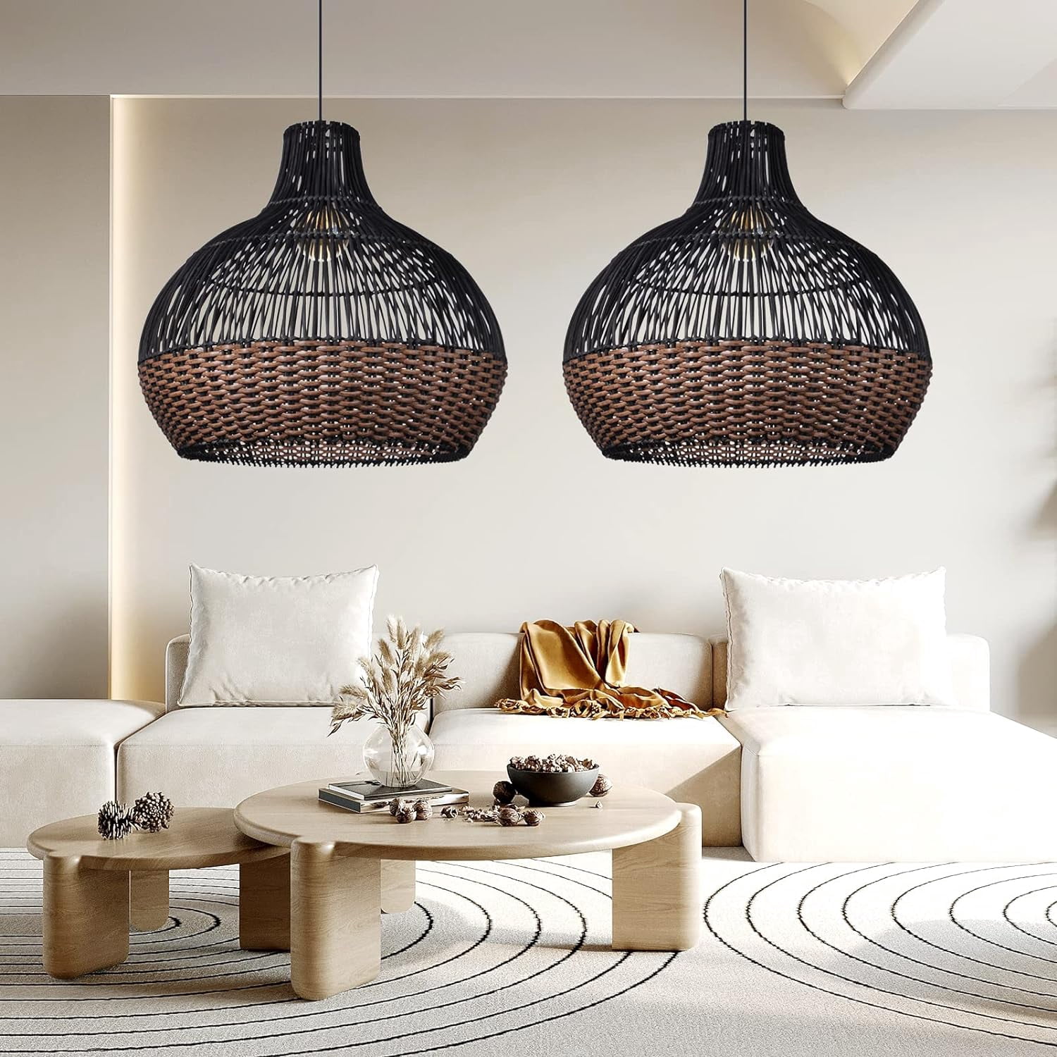 Arturesthome Rattan Pendant Light Fixtures, Wicker Boho Black Basket Lighting Chandelier