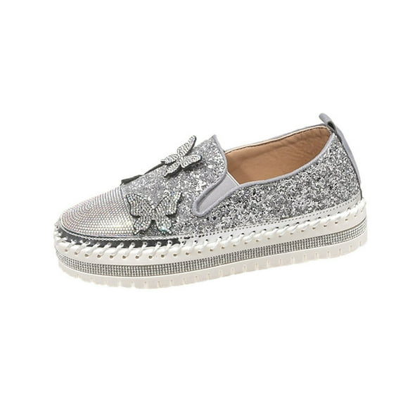 Silver Women'S Shoes Round Toe Butterfly Rhinestone Decor Slip On Low Top Chunky Heel Soft Footwear Suitable For Spring Summer Daily And Outdoor Wear Size 40