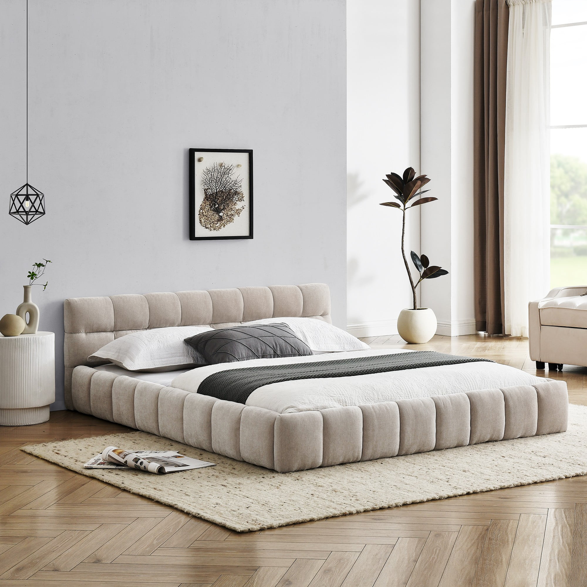 Queen Size Solid and Stable Upholstered Bed Frame with Thick Fabric, Chenille Fabric Grounded Queen Size Platform Bed with Headboard and Solid Frame, No Box Spring Needed(68''*86,5''*23,5'') (Beige)