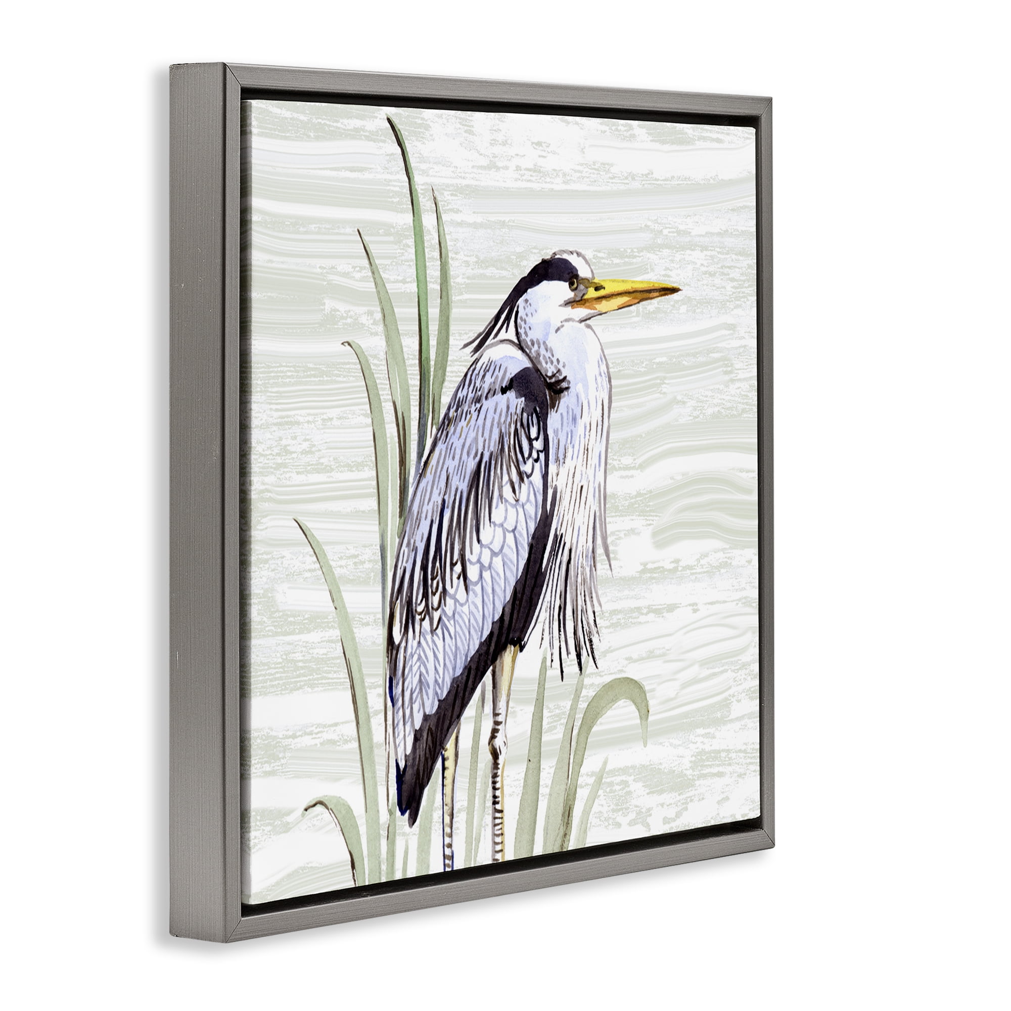Stupell Industries Beach Bird Elegant Heron Animals Painting Gray Floater Framed Canvas Art Print Wall Art, 18 x 18