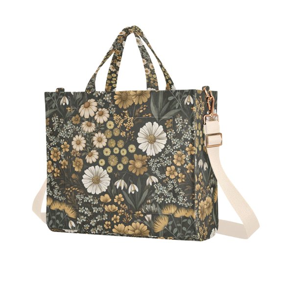 FORMRS Womens Corduroy Tote Bag Crossbody Shoulder Purse Handbag with Detachable Strap, Floral Wilderness Pattern