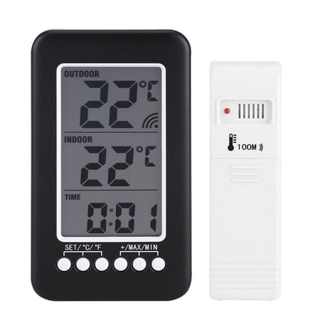 LCD Indoor Outdoor Thermometer Clock Temperature Meter Wireless Transmitter