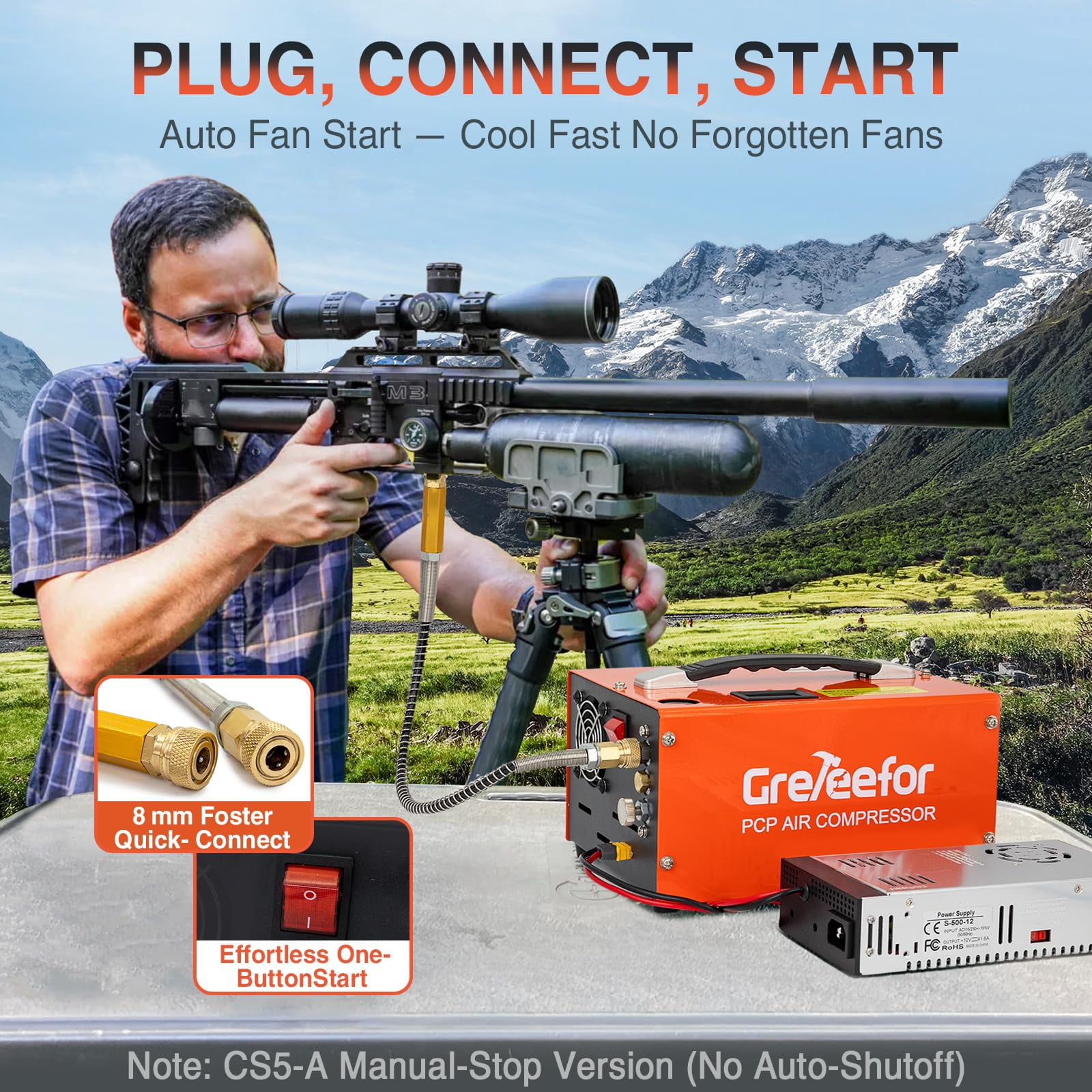Greteefor PCP Air Compressor, Built-in 600W Adapter, 4500Psi/30Mpa, 350W Motor, 12V DC or 110V/220V AC Power, Auto Stop, Water/Oil free &Cooling Fan for Air Rifle, Paintball, HPA Tanks LightWeight