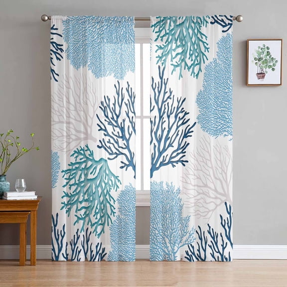 Navy Blue Coastal Sheer Curtains 96 Inch Length 2 Panels Set for Living Room/Bedroom, Turquoise Coral Ocean Modern Sea Semi Curtain Sheers Drapes Rod Pocket Curtains Window Treatment Set 52''x96''x2