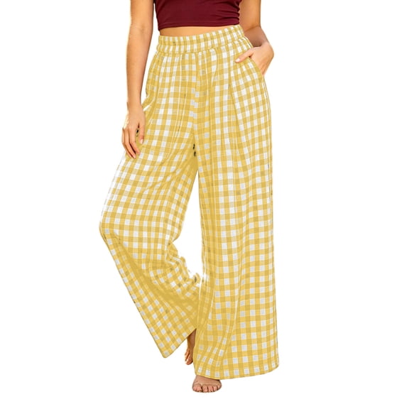 HAiming Women's Plaid Pants Loose Casual Smocked Elastic Waist Classic Wide Leg Pants Vacation Pants with Pockets