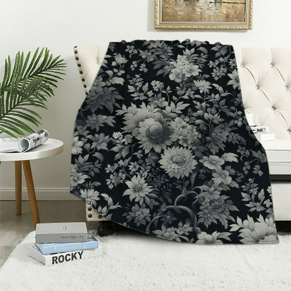 JRXY Flannel Fleece Blanket Black Brown Daisy Floral Block Print Flowers Decorative White