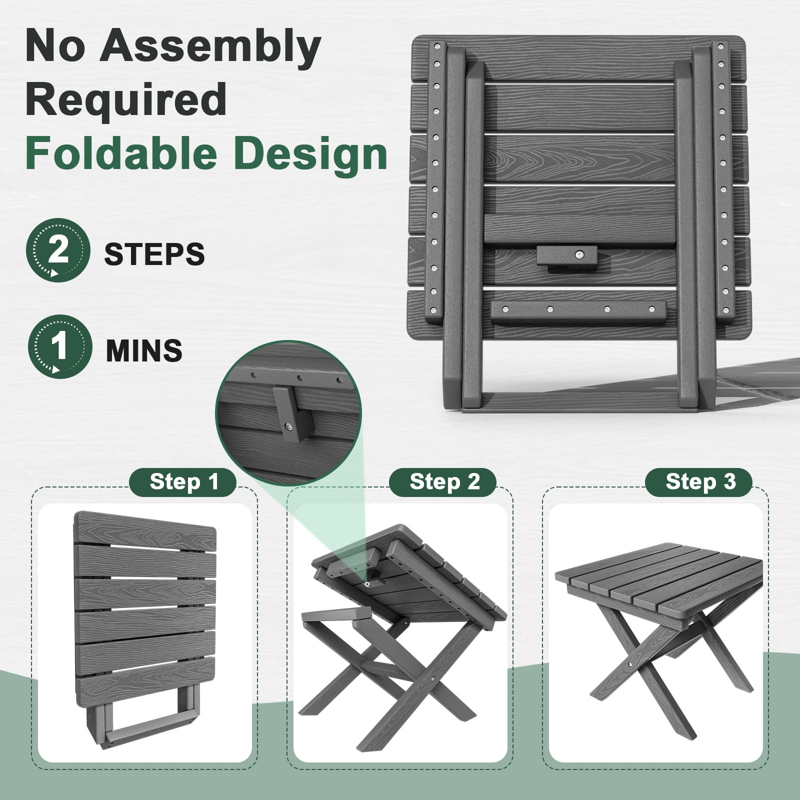 SERWALL Outdoor Small Folding Side Table, HDPE All Weather Adirondack End Table, No Assembly Required, Gray