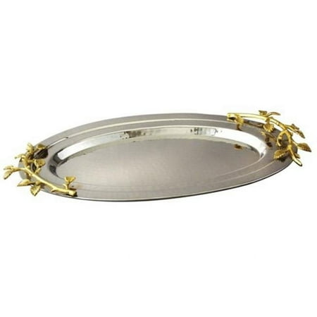 Leeber 70037 Elegance Gilt Leaf Oval Hammered Stainless Steel Tray  16.5 x 10 in.