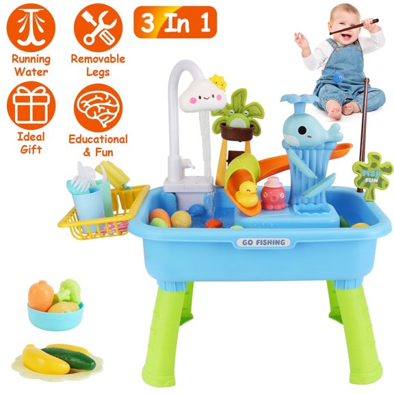 Imountek 3 in 1 Kids Water Play Table with Electric Faucet, Kitchen Sink & Fishing Game, Role Play Toy for Toddlers Ages 3 , Blue