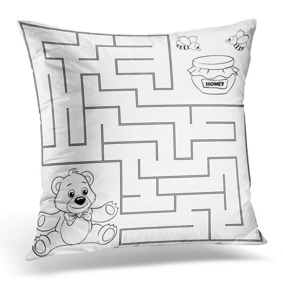 BOSDECO Puzzle Help Bear Find Path to Honey Labyrinth Maze Game Black and White for Coloring Book Bee Pillowcase Pillow Cover Cushion Case 20x20 inch