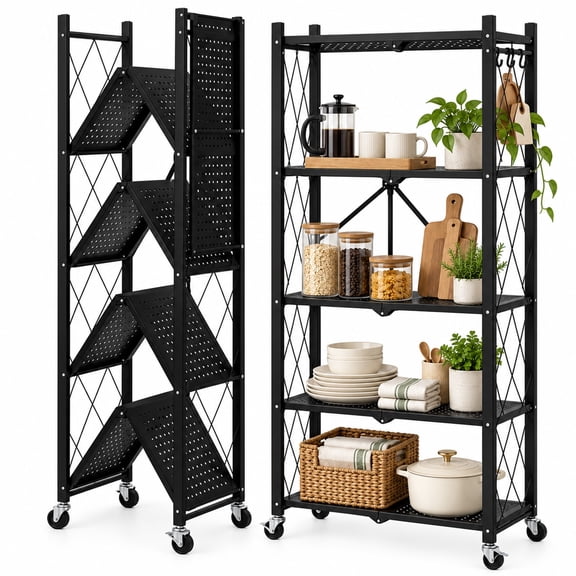 SUGIFT 5-Tier Foldable Shelf with Wheels, Metal Shelving Unit for Kitchen and Garage, Black