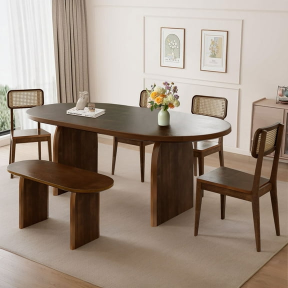 6-Piece Oval Dining Table Set with a Bench and 4 Rattan-back Chairs