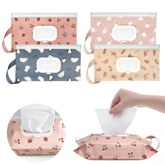 ACDANC 4Pcs Baby Wipes Dispenser,Portable Refillable Wipe Holder with Hanging Loop,Wet Wipes Container,Reusable Travel Baby Wipes Pouch for Indoor&Outdoor Using