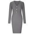 thumbnail image 4 of Mrat Womens Casual Summer Dresses Women's Casual Knit Long Sleeve V-Neck Pack Hip Button Dress Women's Cocktail Dresses S-484 Gray S, 4 of 5