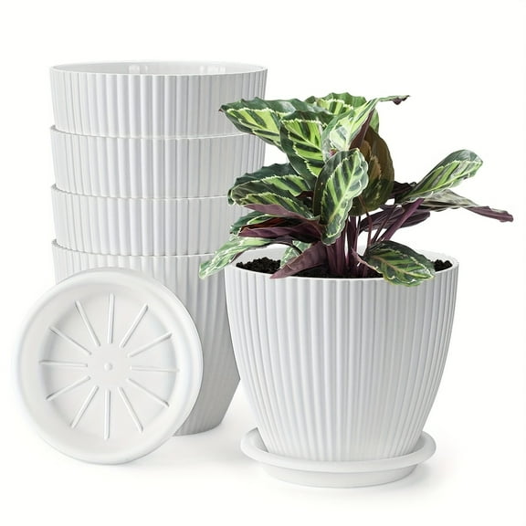 Set of 5 White 7.5 Inch Plant Pots with Drainage and Saucer, Decorative Plastic Flower Planters for Indoor Outdoor Gardening, Houseplants and Succulents