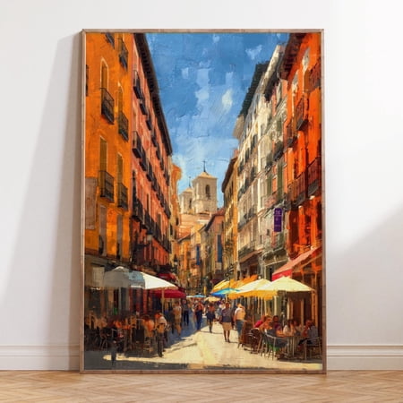 Madrid Spain City Street Cafes Vibrant Wall Art, Unframed Paper Print Size 8x12