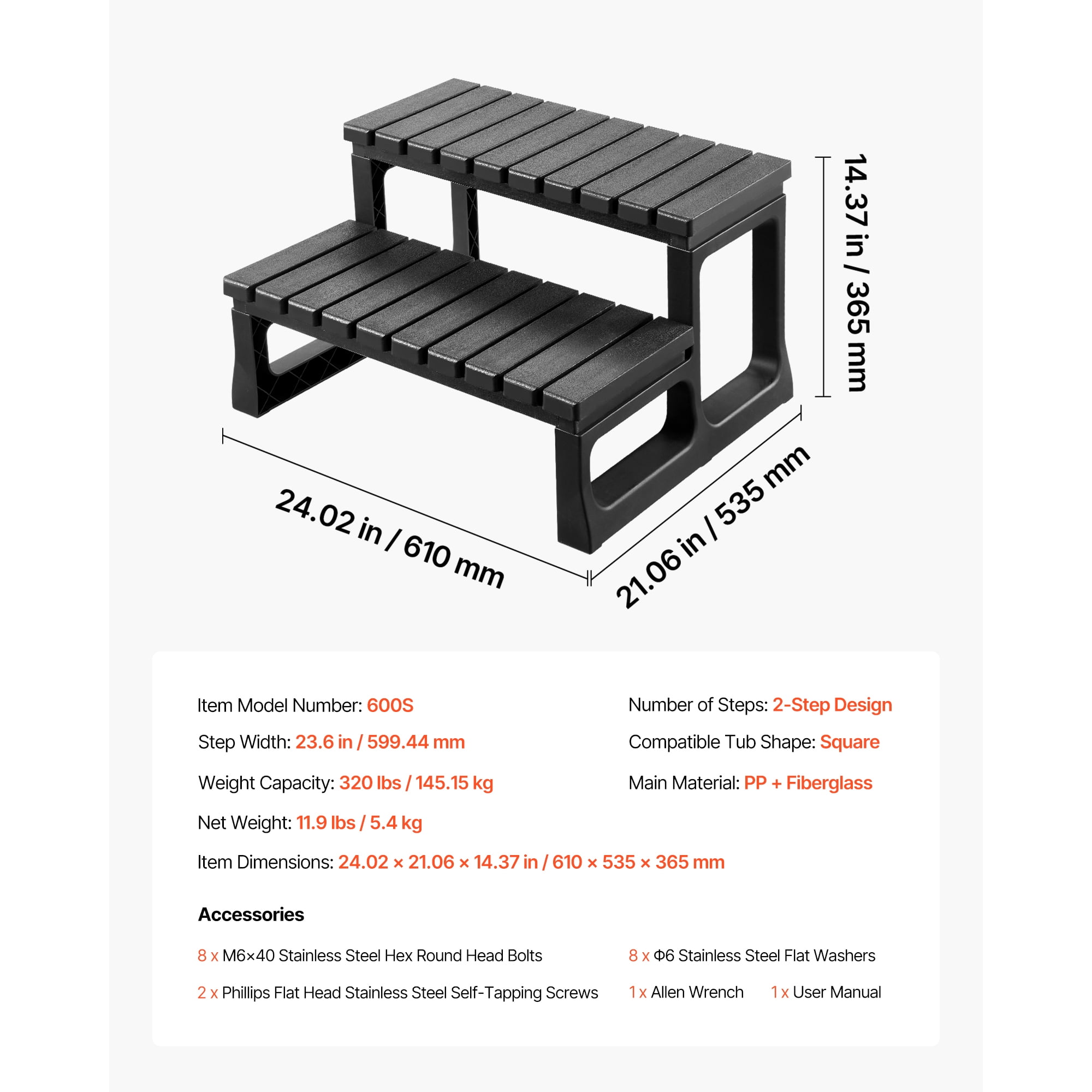 KFFKFF Durable 2-Step Hot Tub Stairs, 23.6" Wide PP Outdoor Spa Steps, 320 lbs Capacity, for Pools, Patios & Decks