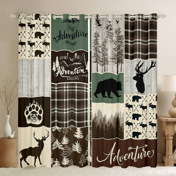Rustic Patchwork Bed Curtains & Drapes, Hunting Deer Bear Curtains 52"Wx84"L, Retro Cabin Lodge Decor Blackout Curtains, Woodland Country Wild Animal Window Treatments Adventure Camping Decor, Brown