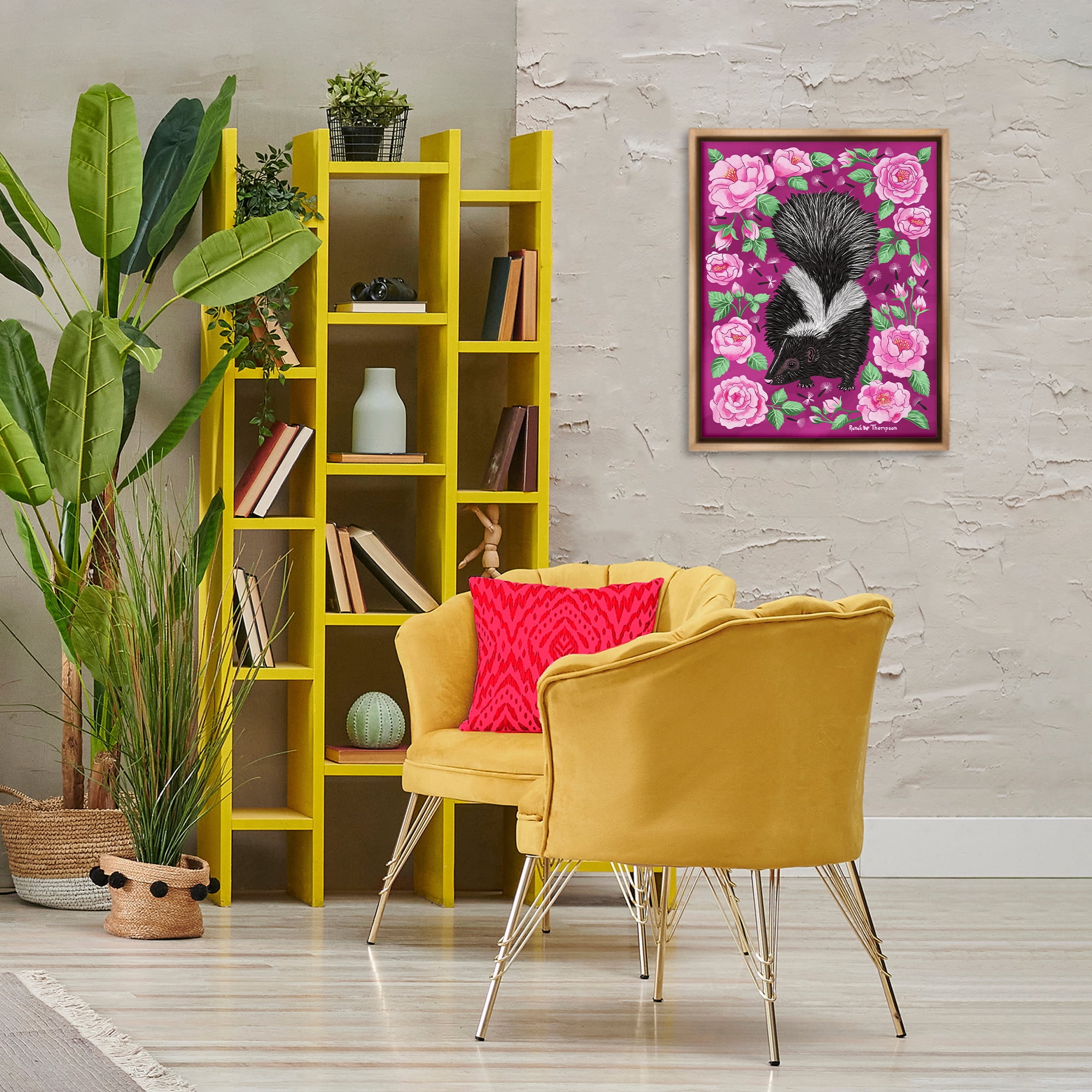 Stupell Industries Skunk & Rose Blossoms Animals Painting Brown Floater Framed Canvas Art Print Wall Art, 17 x 21