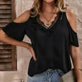 thumbnail image 2 of Kovlvoll Womens Tops off Shoulder Short Sleeve Lace Patchwork V Neck Tees Shirts Summer Dressy Casual Blouses, 2 of 6